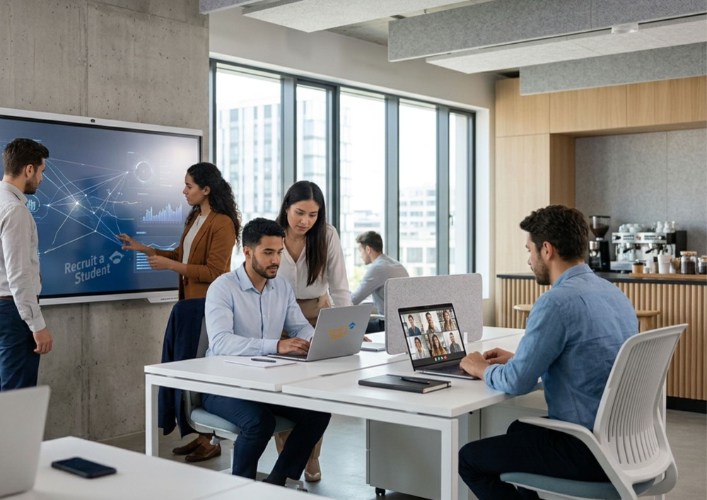 Medewerkers achter laptops in een kantoor, met een scherm met planningsgegevens en een videogesprek