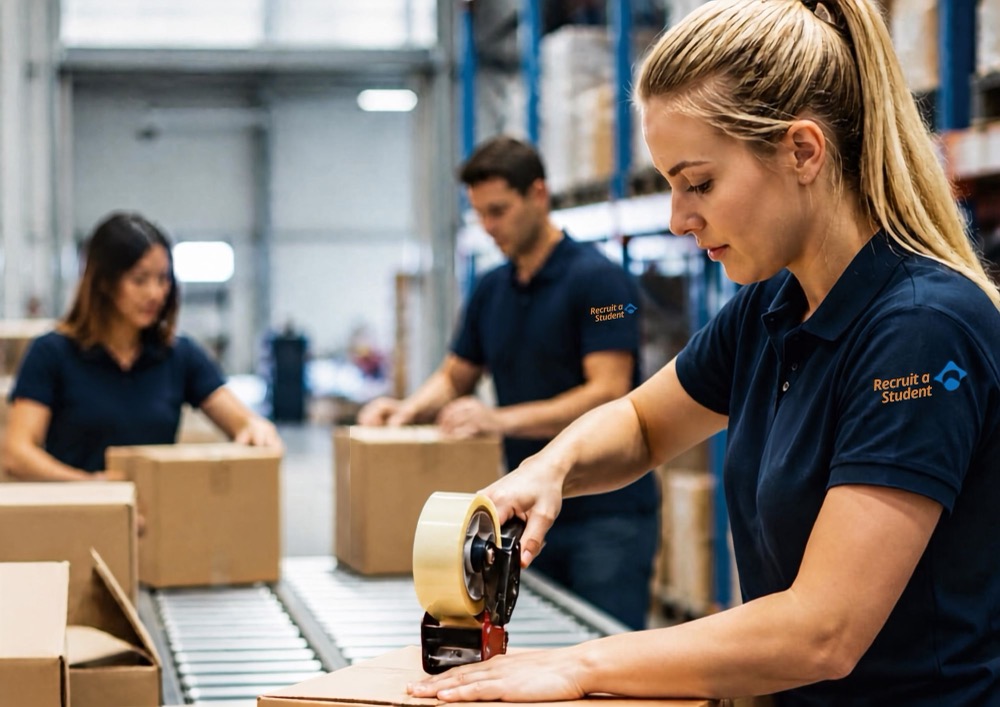 Drie jobstudenten in poloshirt van Recruit a Student pakken dozen in op een magazijnvloer