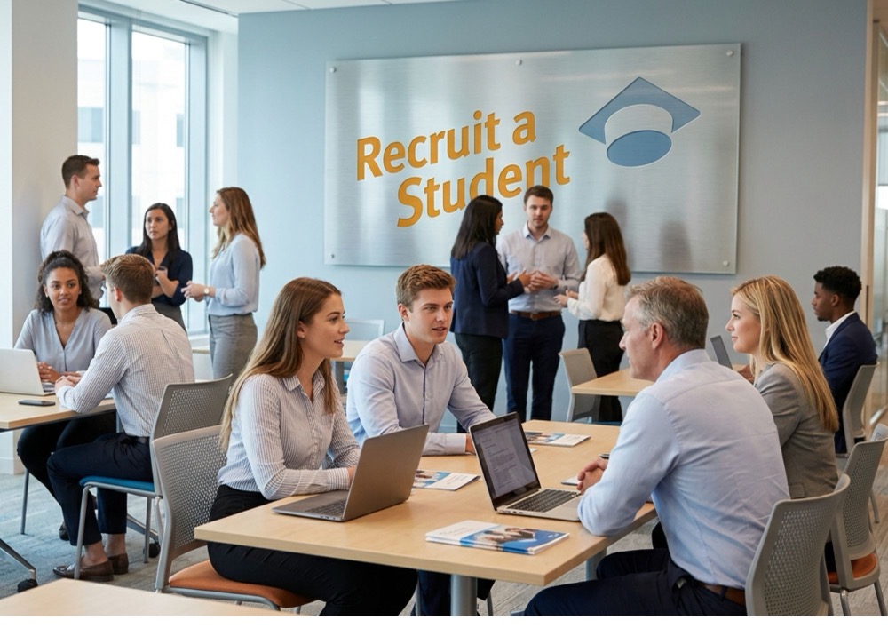 Kandidaten en medewerkers in gesprek aan tafels in het kantoor van Recruit a Student