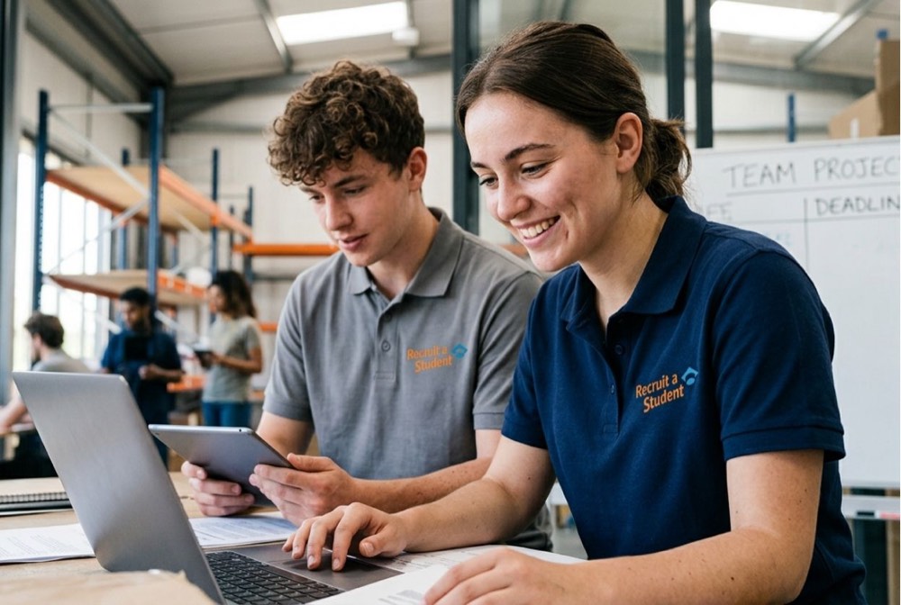 Deux &eacute;tudiants jobistes de Recruit a Student travaillent ensemble dans un entrep&ocirc;t